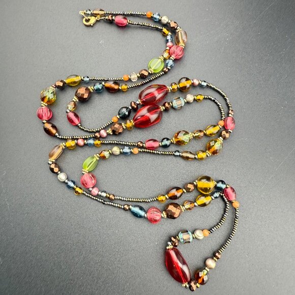Vintage Multicolor Glass Bead Necklace Long Strand With Gold-Tone Accents Boho S - Picture 2 of 11